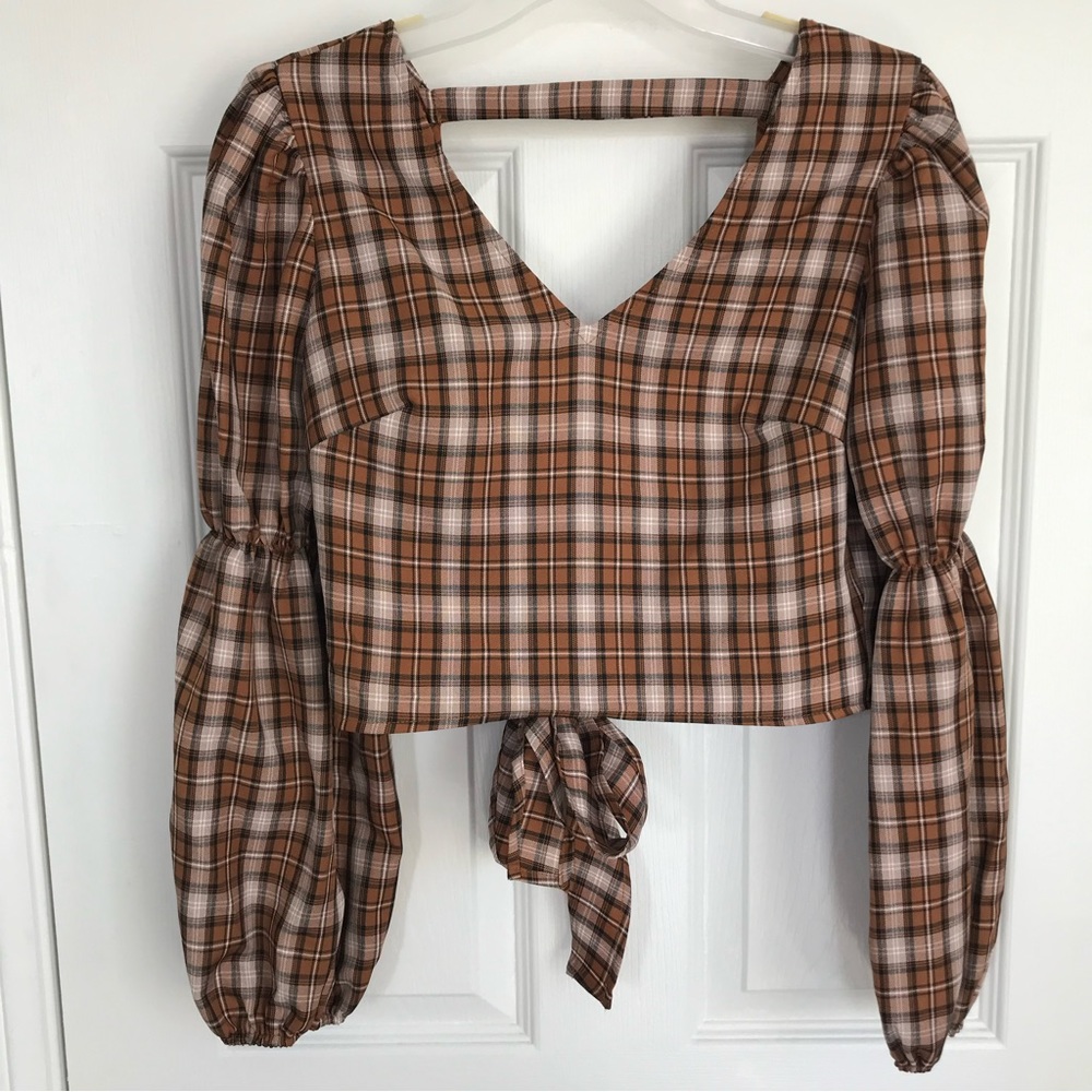 Shein Brown Plaid Wrap Back Top (XS)
